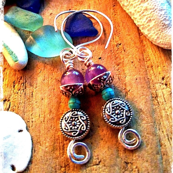 AMETHYST & TURQUOISE HOWLITE GEMSTONE EARRINGS - Picture 3 of 5